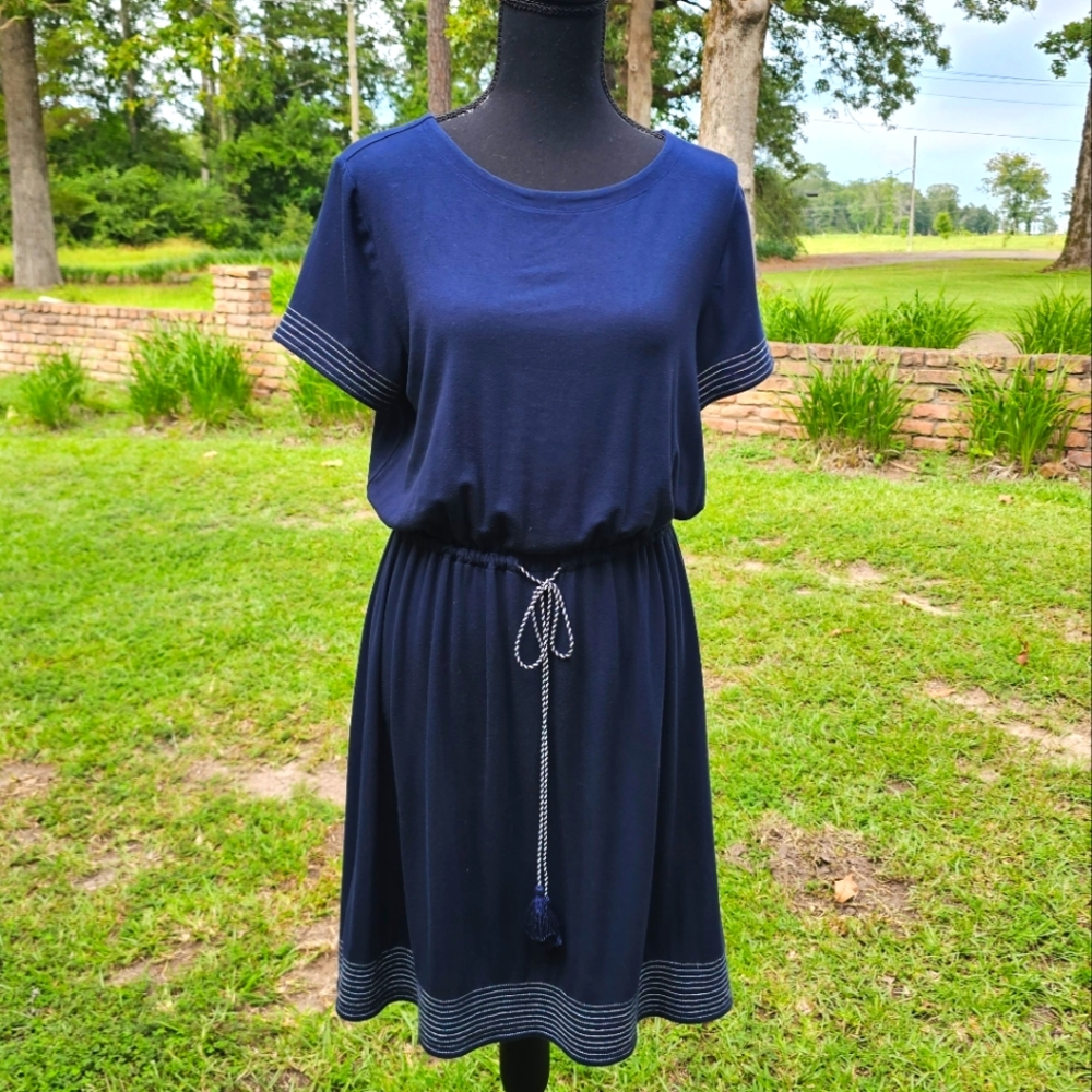 Navy Blue Short Sleeve T-shirt Dress with Drawstring Waist